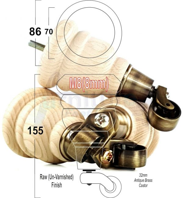 4x SOLID WOOD FURNITURE LEGS M8 REPLACEMENT ANTIQUE BRASS CASTOR FEET 155mm HIGH - Image 34
