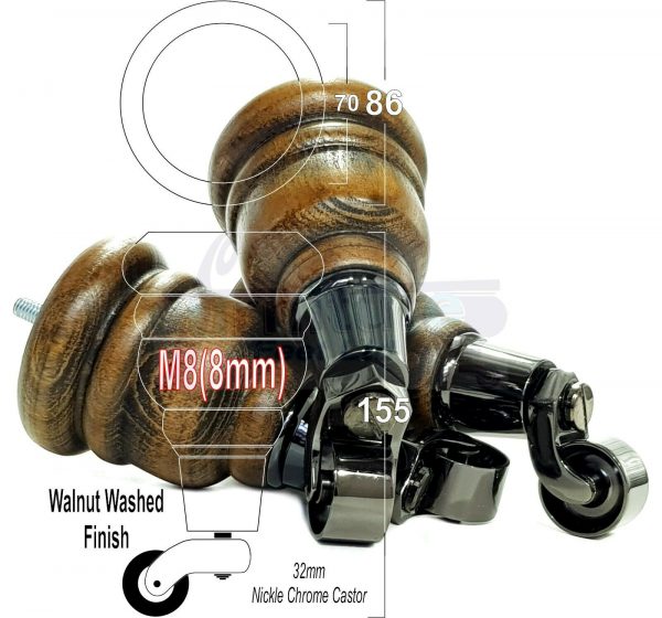 4x SOLID WOOD FURNITURE LEGS M8 REPLACEMENT BLACK CHROME CASTOR FEET 155mm HIGH - Image 21