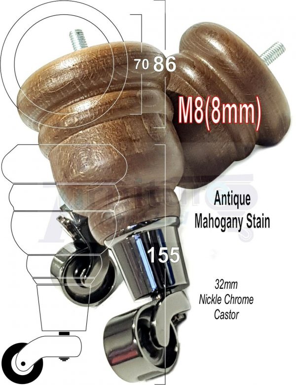 4x SOLID WOOD FURNITURE LEGS M8 REPLACEMENT BLACK CHROME CASTOR FEET 155mm HIGH - Image 39