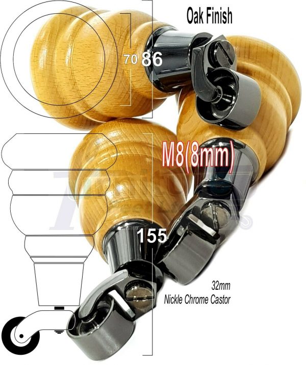 4x SOLID WOOD FURNITURE LEGS M8 REPLACEMENT BLACK CHROME CASTOR FEET 155mm HIGH - Image 30