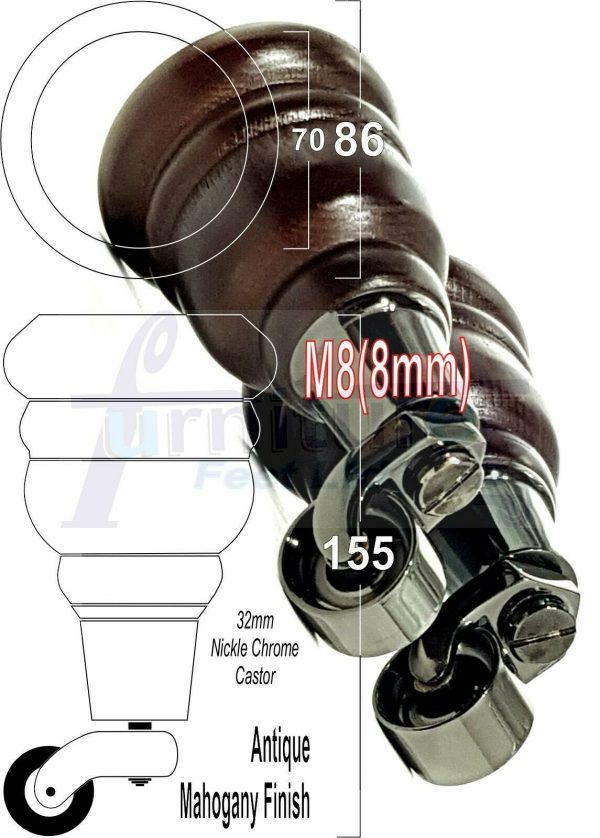4x SOLID WOOD FURNITURE LEGS M8 REPLACEMENT BLACK CHROME CASTOR FEET 155mm HIGH - Image 38