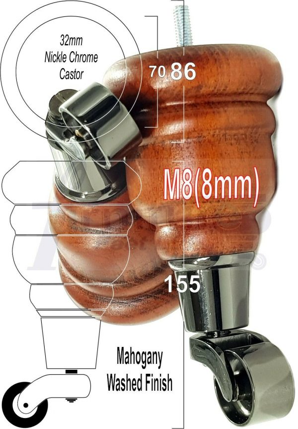 4x SOLID WOOD FURNITURE LEGS M8 REPLACEMENT BLACK CHROME CASTOR FEET 155mm HIGH - Image 27