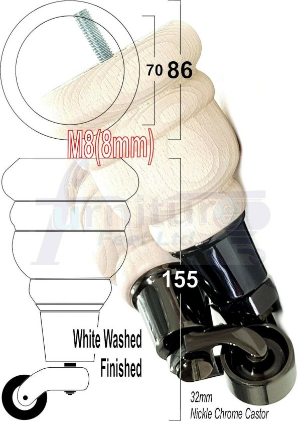 4x SOLID WOOD FURNITURE LEGS M8 REPLACEMENT BLACK CHROME CASTOR FEET 155mm HIGH - Image 37