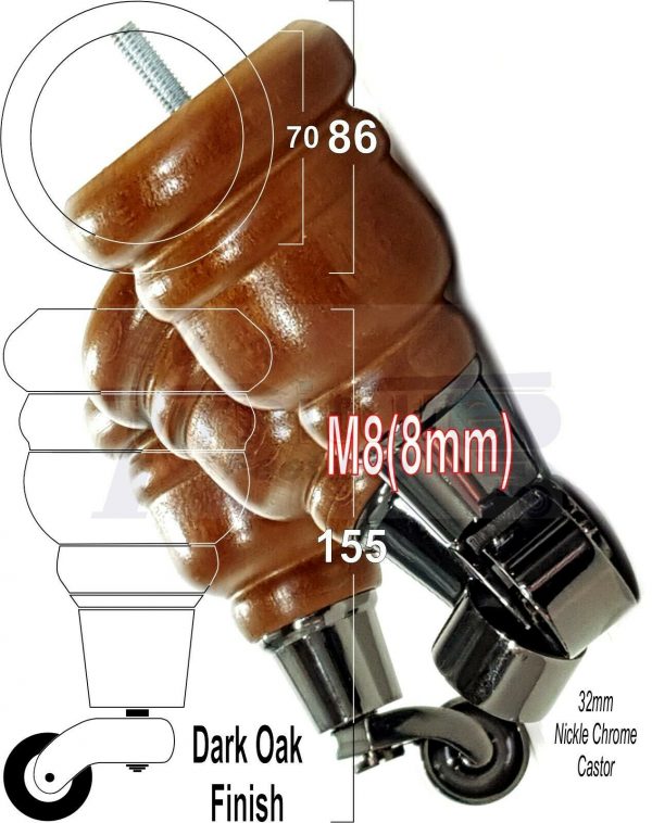 4x SOLID WOOD FURNITURE LEGS M8 REPLACEMENT BLACK CHROME CASTOR FEET 155mm HIGH - Image 19
