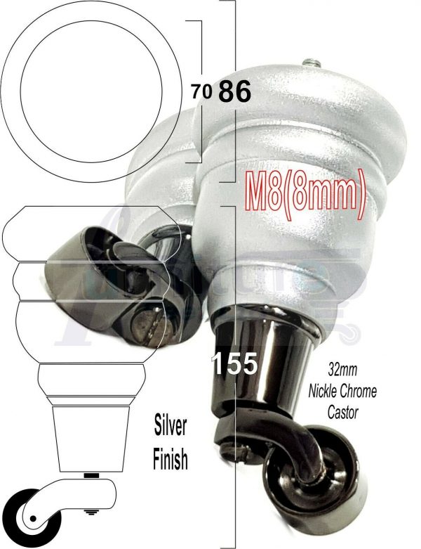 4x SOLID WOOD FURNITURE LEGS M8 REPLACEMENT BLACK CHROME CASTOR FEET 155mm HIGH - Image 33