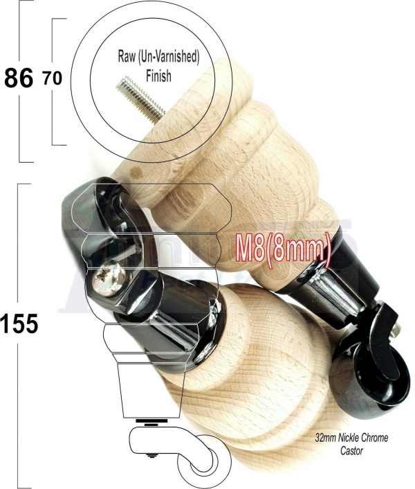 4x SOLID WOOD FURNITURE LEGS M8 REPLACEMENT BLACK CHROME CASTOR FEET 155mm HIGH - Image 34