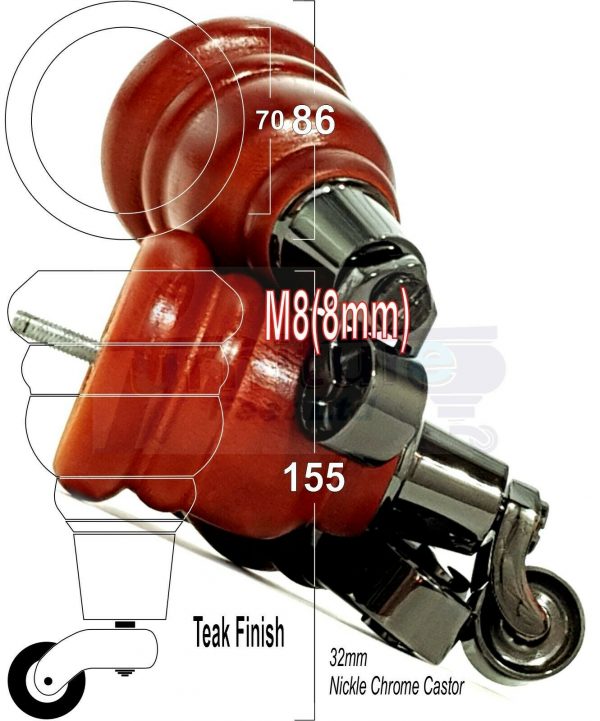 4x SOLID WOOD FURNITURE LEGS M8 REPLACEMENT BLACK CHROME CASTOR FEET 155mm HIGH - Image 35