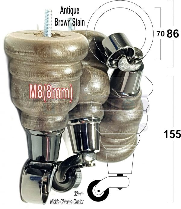 4x SOLID WOOD FURNITURE LEGS M8 REPLACEMENT BLACK CHROME CASTOR FEET 155mm HIGH - Image 15