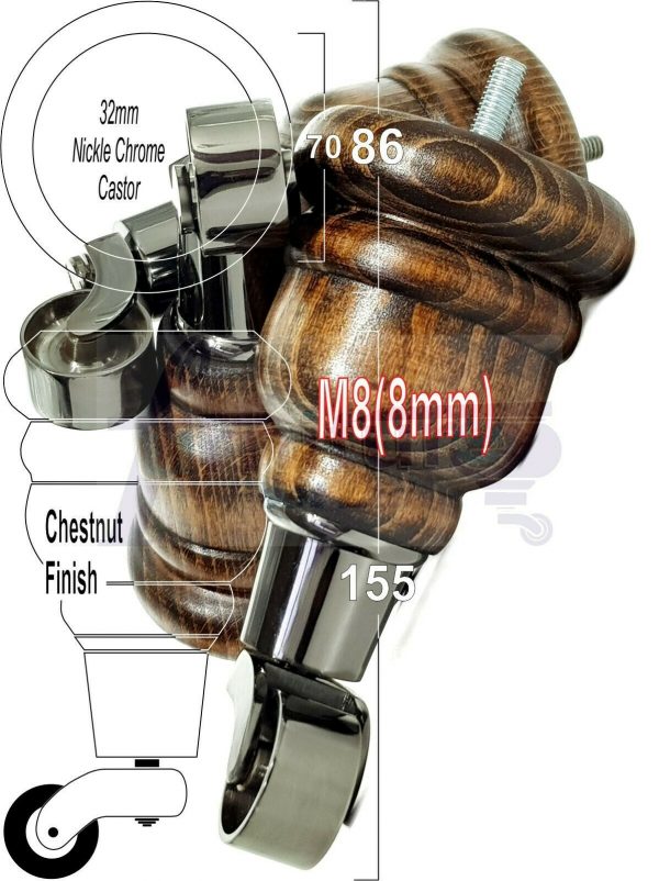 4x SOLID WOOD FURNITURE LEGS M8 REPLACEMENT BLACK CHROME CASTOR FEET 155mm HIGH - Image 43