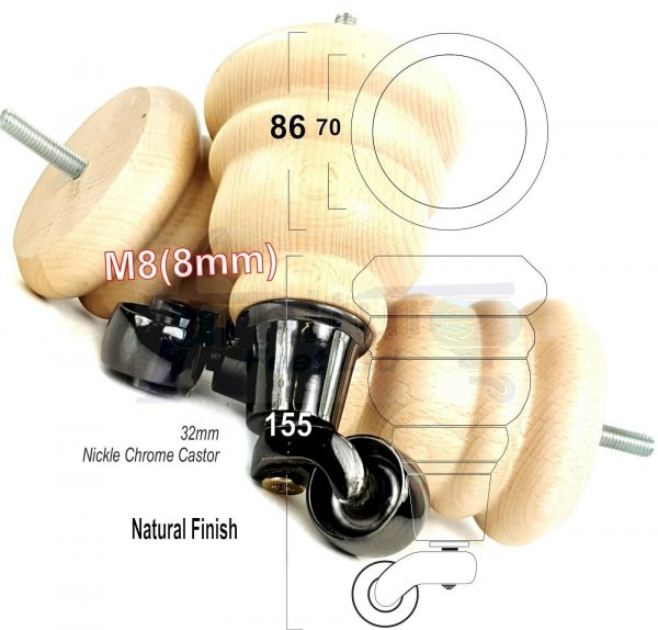 4x SOLID WOOD FURNITURE LEGS M8 REPLACEMENT BLACK CHROME CASTOR FEET 155mm HIGH - Image 29