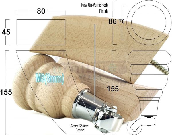 4x TURNED WOODEN CASTOR LEGS 165mm High CHAIR REPLACEMENT FURNITURE FEET M8(8mm) - Image 12