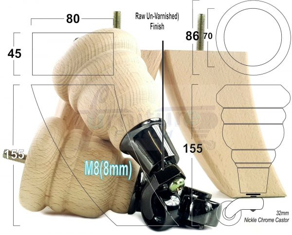 4x TURNED WOODEN CASTOR LEGS 165mm High CHAIR REPLACEMENT FURNITURE FEET M8(8mm) - Image 14