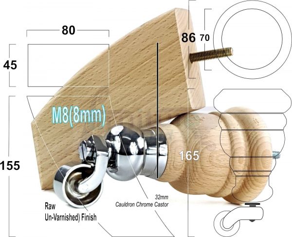 4x TURNED WOODEN CASTOR LEGS 165mm High CHAIR REPLACEMENT FURNITURE FEET M8(8mm) - Image 16
