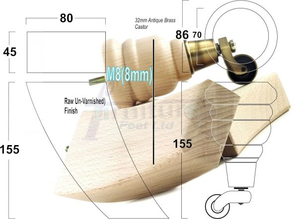 4x TURNED WOODEN CASTOR LEGS 165mm High CHAIR REPLACEMENT FURNITURE FEET M8(8mm) - Image 13