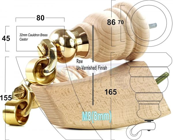 4x TURNED WOODEN CASTOR LEGS 165mm High CHAIR REPLACEMENT FURNITURE FEET M8(8mm) - Image 15
