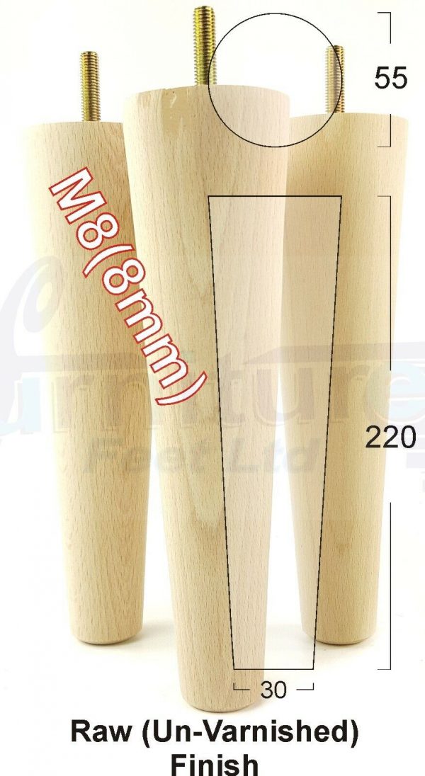 4x WOOD REPLACEMENT FURNITURE CHAIR LEGS M8(8mm) SOFA - SETTEE FEET 220mm HIGH - Image 31