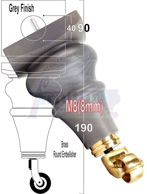 4x Wood Sofa Castor Legs M8 Replacement Chair, Settee Furniture Feet 190mm High - Image 12
