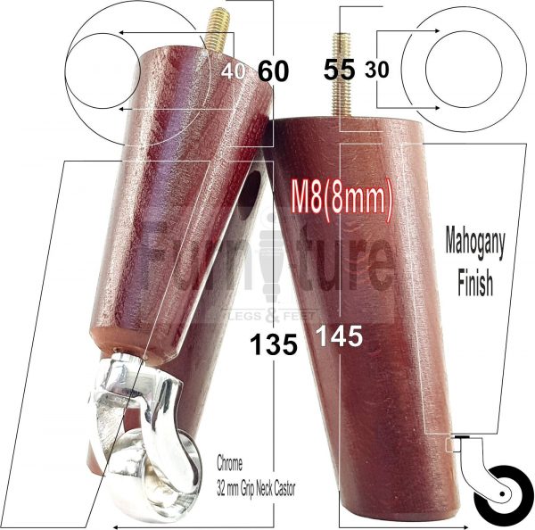 4x Wooden Chair Legs 2x With Castors M8 Replacement Settee Furniture Feet 145mm - Image 13