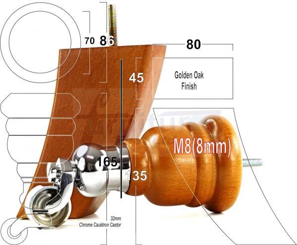SOLID WOOD FURNITURE LEGS M8(8mm)  REPLACEMENT FEET 2 WITH CASTORS 165mm HIGH - Image 19