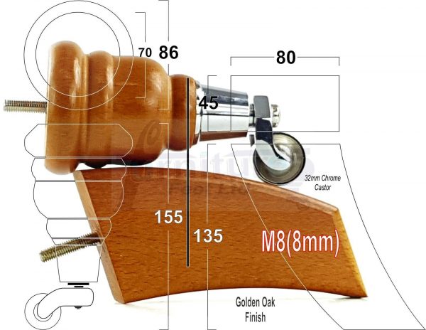SOLID WOOD FURNITURE LEGS M8(8mm)  REPLACEMENT FEET 2 WITH CASTORS 165mm HIGH - Image 15